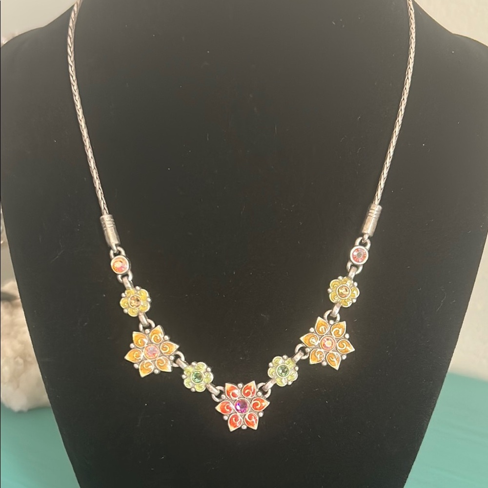 BRIGHTON GARDEN OF EDEN Retired Silver Plated and Enamel Floral Crystal Necklace